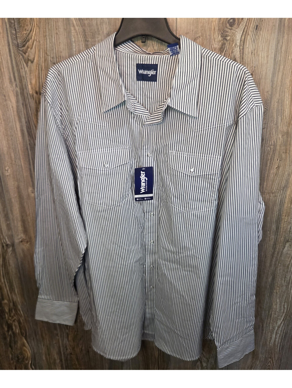 Wrangler Wrinkle Resistant L/S Grey & White Stripe Snap Shirt Sz 3XLT - NEW